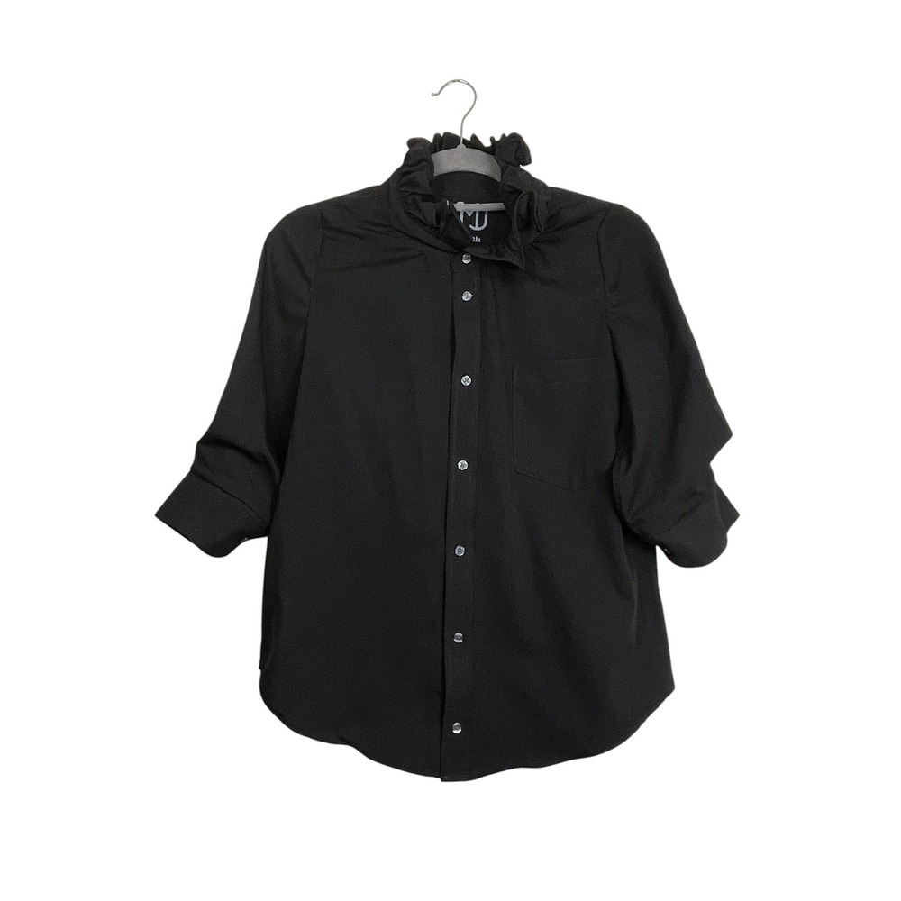 KMJ Ruffle Neck Button Down Shirt XS Black 3/4 Sleeve Victorian Romantic Goth